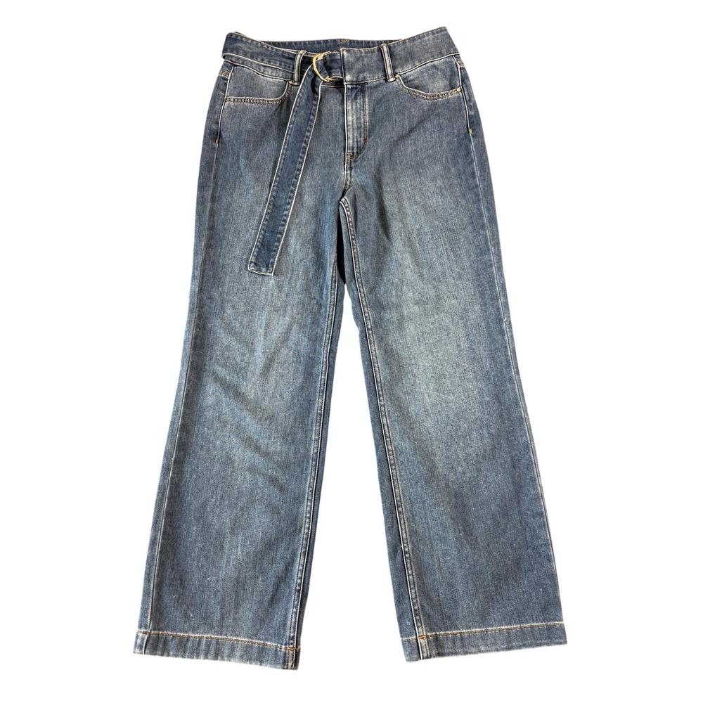 White House Black Market Wide Leg Crop Jeans High Rise Belted Blue Denim Sz 4